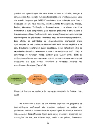 positivas nas aprendizagens dos seus alunos mudam as atitudes, crenças e
compreensões. Por exemplo, num estudo realizado pelo investigador, onde usou
um modelo designado por IMPROVE (melhorar), constituído por sete fases –
Introdução de um novo material, questionamento Metacognitivo, Prática,
Revisto, Obtenção, Verificação e Enriquecimento – os alunos envolvidos
melhoraram a suas competências para resolver problemas e para usarem a
linguagem matemática. Paralelamente, estas alterações promoveram mudanças
nas concepções dos professores, fomentado o seu desenvolvimento profissional.
Com

efeito,

as

actividades

de

desenvolvimento

profissional

criam

oportunidades para os professores confrontarem novas formas de pensar e de
agir, discutirem e explorarem outras estratégias, e para reflectirem sobre as
experiências de ensino, revendo-as e testando-as novamente (NRC, 1996). À
semelhança de Mevarech (1995), também para Guskey (1986, 2002) os
professores mudam as suas concepções quando percepcionam que as mudanças
introduzidas

nas

suas

práticas

conduzem

a

resultados

positivos

nas

aprendizagens dos alunos (Figura 3.1).

DESENVOLVIMENTO
PROFISSIONAL

Mudanças nos
Professores
CONCEPÇÕES

Mudanças nos
Alunos
RESULTADOS DE
APRENDIZAGEM

Mudanças nos
professores
PRÁTICA LECTIVA

Figura 3.1 Processo de mudança de concepções (adaptado de Guskey, 1986,
2002)

De acordo com o autor, os três maiores objectivos dos programas de
desenvolvimento

profissional

são

promover

mudanças

na

prática

dos

professores, mudanças nos resultados das aprendizagens dos alunos e mudanças
nas concepções dos professores. Assim, para que os professores alterem as suas
concepções têm que, em primeiro lugar, mudar a sua prática, fomentando
39

 