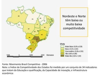 Fonte: Movimento Brasil Competitivo - 2006
Nota: o Índice de Competitividade dos Estados foi medido por um conjunto de 34 indicadores
que tratam da Educação e qualificação, da Capacidade de inovação, e Infraestrutura
econômica
Nordeste e Norte
têm baixa ou
muito baixa
competitividade
 