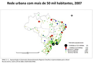 Rede urbana com mais de 50 mil habitantes, 2007
DINIZ. C. C., Apresentação no Seminário Desenvolvimento Regional: Desafios e oportunidades para o Brasil
Rio de Janeiro, 31/8 a 2/9 de 2009, CEDEPLAR/UFMG
 