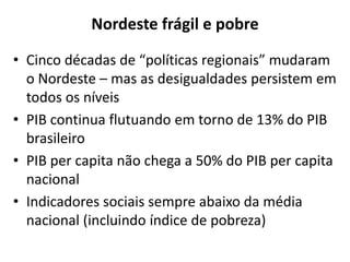 Nordeste frágil e pobre
• Cinco décadas de “políticas regionais” mudaram
o Nordeste – mas as desigualdades persistem em
todos os níveis
• PIB continua flutuando em torno de 13% do PIB
brasileiro
• PIB per capita não chega a 50% do PIB per capita
nacional
• Indicadores sociais sempre abaixo da média
nacional (incluindo índice de pobreza)
 