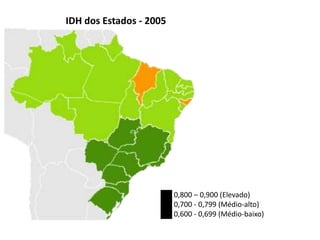 IDH dos Estados - 2005
██ 0,800 – 0,900 (Elevado)
██ 0,700 - 0,799 (Médio-alto)
██ 0,600 - 0,699 (Médio-baixo)
 