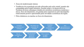• Áreas de modernização intensa
• Tendências da acumulação privada reforçadas pela ação estatal, quando não
comandadas pela Estado brasileiro, fizeram surgir e se desenvolver no
Nordeste diversos subespaços dotados de estruturas econômicas modernas e
ativas, focos de dinamismo, em grande parte responsáveis pelo desempenho
relativamente positivo apresentado pelas atividades econômicas da região.
• Pólos dinâmicos ou machas ou focos de dinamismo.
 