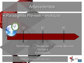 Antecedentes Paradigmas Pré-web – evolução: Redes de Micros e Emuladores 70 80 90 Mainframe Cliente-Servidor 