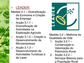    LEADER:
Medida 3.1 – Diversificação
   da Economia e Criação
   de Emprego
1. Acção 3.1.1 –
   Diversificação de
   Actividades na
   Exploração Agrícola
                              Medida 3.2 – Melhoria da
2. Acção 3.1.2 – Criação e
                              Qualidade de Vida
   Desenvolvimento de         1. Acção 3.2.1 –
   Microempresas                 Conservação e
3. Acção 3.1.3 –                 Valorização do
   Desenvolvimento de            Património Rural
   Actividades Turísticas e   2. Acção 3.2.2 –
   de Lazer                      Serviços Básicos para
                                 a População Rural
 