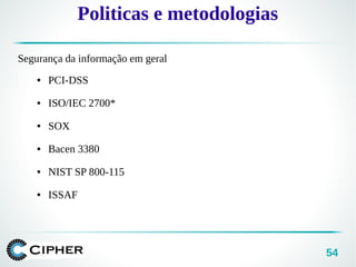 54
Politicas e metodologias
Segurança da informação em geral
● PCI-DSS
● ISO/IEC 2700*
● SOX
● Bacen 3380
● NIST SP 800-115
● ISSAF
 