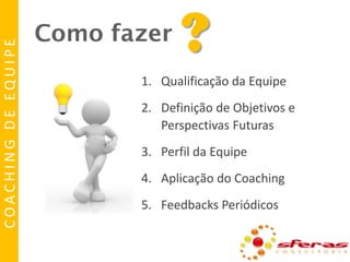 COACHING DE EQUIPE

Como fazer

?

1. Qualificação da Equipe
2. Definição de Objetivos e
Perspectivas Futuras
3. Perfil da Equipe
4. Aplicação do Coaching
5. Feedbacks Periódicos

 