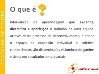 COACHING DE EQUIPE

O que é
Intervenção

de

?
aprendizagem

que

expande,

diversifica e aperfeiçoa o trabalho de uma equipe.
Através deste processo de desenvolvimento, é criado
o espaço de expansão individual e coletiva,

competências são disseminadas vislumbrando ganhos
visíveis nos resultados empresariais.

 