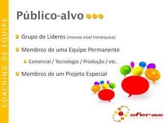 COACHING DE EQUIPE

Público-alvo

...

Grupo de Líderes (mesmo nível hierárquico)
Membros de uma Equipe Permanente
Comercial / Tecnologia / Produção / etc.

Membros de um Projeto Especial

 