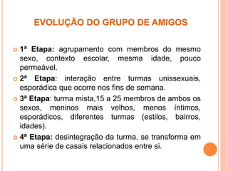 EVOLUÇÃO DO GRUPO DE AMIGOS
 1ª Etapa: agrupamento com membros do mesmo
sexo, contexto escolar, mesma idade, pouco
permeável.
 2ª Etapa: interação entre turmas unissexuais,
esporádica que ocorre nos fins de semana.
 3ª Etapa: turma mista,15 a 25 membros de ambos os
sexos, meninos mais velhos, menos íntimos,
esporádicos, diferentes turmas (estilos, bairros,
idades).
 4ª Etapa: desintegração da turma, se transforma em
uma série de casais relacionados entre si.
 