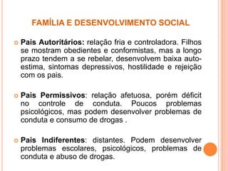 FAMÍLIA E DESENVOLVIMENTO SOCIAL
 Pais Autoritários: relação fria e controladora. Filhos
se mostram obedientes e conformistas, mas a longo
prazo tendem a se rebelar, desenvolvem baixa auto-
estima, sintomas depressivos, hostilidade e rejeição
com os pais.
 Pais Permissivos: relação afetuosa, porém déficit
no controle de conduta. Poucos problemas
psicológicos, mas podem desenvolver problemas de
conduta e consumo de drogas .
 Pais Indiferentes: distantes. Podem desenvolver
problemas escolares, psicológicos, problemas de
conduta e abuso de drogas.
 