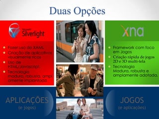 Duas Opções


Fazer uso do XAML
Criação de aplicativos
visualmente ricos                 Criação rápida de jogos
Uso de                            2D e 3D multi-tela
HTML/Javascript.
Tecnologia
madura, robusta, ampl
amente implantada




APLICAÇÕES                           JOGOS
     (e jogos)                      (e aplicações)
 