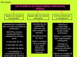 Em suma… UM PLANETA DE EQUILÍBRIO AMBIENTAL FRÁGIL Quais as causas Humanas? Quais são os riscos naturais? Como preservar e recuperar? Caracteriza o problema dos recursos energéticos existentes. Identifica causas, consequências e medidas de solução para: a poluição do ar; a poluição do solo; a poluição da água; a produção, o armazenamento e a destruição de detritos. Caracteriza as catástrofes naturais que mais atingem o planeta. Identifica áreas de risco. Refere medidas de prevenção e/ou para diferentes catástrofes naturais. Valoriza a cooperação internacional na preservação ambiental. Refere o contributo das organizações ecologistas. Divulga as vantagens de algumas atitudes ecológicas. Valoriza a criação de áreas protegidas. 