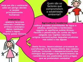 Agricultura moderna: -utiliza grandes quantidades de água e adubos, pesticidas e herbicidas; -esgota os   aquíferos subterrâneos; -facilita a penetração da cunha de água salgada nas regiões naturais; -origina concentrações daqueles produtos nos solos e nas águas. desta forma, desencadeiam processos de eutrofização e de desequilíbrio das cadeias tróficas, incluindo o desaparecimento dos inimigos das pragas e do aparecimento de resistências aos pesticidas entre pragas que se pretendem combater  Hoje em dia o ambiente está em perigo devido a causas principalmente humanas: Indústria: -elabora recursos naturais (matérias-primas e energia); -deixa resíduos; -polui a água;  -liberta gases tóxicos; Quais são os factores que comprometem a estabilidade ambiental? 