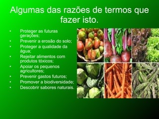 Algumas   das razões de termos que fazer isto. Proteger as futuras gerações; Prevenir a erosão do solo; Proteger a qualidade da água; Rejeitar alimentos com produtos tóxicos; Apoiar os pequenos agricultores; Prevenir gastos futuros; Promover a biodiversidade; Descobrir sabores naturais. 