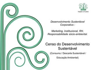 Desenvolvimento Sustentável
Corporativo :
Marketing, Institucional, RH,
Responsabilidade sócio-ambiental.
Censo do Desenvolvimento
Sustentável
(Consumo / Descarte Sustentável /
Educação Ambiental)
 