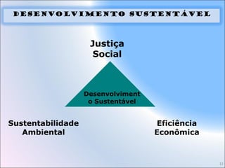 12
Desenvolvimento Sustentável
Eficiência
Econômica
Justiça
Social
Sustentabilidade
Ambiental
Desenvolviment
o Sustentável
 