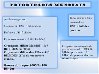 Para prover água de qualidade
para todo o mundo... U$S 10
bilhões por ano e... 1,1
bilhão de pessoas não tem
acesso à água.
Para eliminar a fome
no mundo....
US$19 bilhões
por ano...
Atualmente gasta-se:
Maquiagem : US$ 18 bilhões/ano!
Perfume : US$15 bilhões!
Cruzeiros em navios : U$S14 bilhões!
Orçamento Militar Mundial – 957
BILHÕES em 2003
Orçamento Militar dos EUA – 450
BILHÕES (47% do orçamento
mundial)
Guerra do Iraque 2003/4- 180
Bilhões
Prioridades mundiais
 