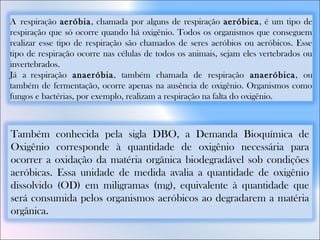 Também conhecida pela sigla DBO, a Demanda Bioquímica de
Oxigênio corresponde à quantidade de oxigênio necessária para
ocorrer a oxidação da matéria orgânica biodegradável sob condições
aeróbicas. Essa unidade de medida avalia a quantidade de oxigênio
dissolvido (OD) em miligramas (mg), equivalente à quantidade que
será consumida pelos organismos aeróbicos ao degradarem a matéria
orgânica.
A respiração aeróbia, chamada por alguns de respiração aeróbica, é um tipo de
respiração que só ocorre quando há oxigênio. Todos os organismos que conseguem
realizar esse tipo de respiração são chamados de seres aeróbios ou aeróbicos. Esse
tipo de respiração ocorre nas células de todos os animais, sejam eles vertebrados ou
invertebrados.
Já a respiração anaeróbia, também chamada de respiração anaeróbica, ou
também de fermentação, ocorre apenas na ausência de oxigênio. Organismos como
fungos e bactérias, por exemplo, realizam a respiração na falta do oxigênio.
 