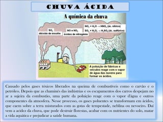 Causado pelos gases tóxicos liberados na queima de combustíveis como o carvão e o
petróleo. Depois que as chaminés das indústrias e os escapamentos dos carros despejam no
ar a sujeira da combustão, uma parte da poluição reage com o vapor d'água e outros
componentes da atmosfera. Nesse processo, os gases poluentes se transformam em ácidos,
que caem sobre a terra misturados com as gotas de tempestade, neblina ou nevoeiro. Daí
vem a acidez da chuva, que pode destruir florestas, acabar com os nutrientes do solo, matar
a vida aquática e prejudicar a saúde humana.
Chuva ácida
 