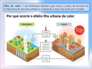 Ilha de calor é um fenômeno climático que ocorre a partir da elevação da
temperatura de uma área urbana se comparada a uma zona rural, por exemplo.
 
