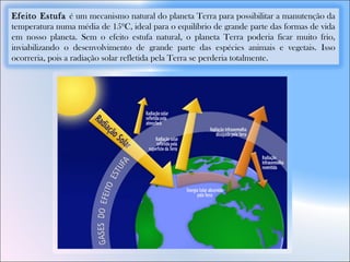 Efeito Estufa é um mecanismo natural do planeta Terra para possibilitar a manutenção da
temperatura numa média de 15ºC, ideal para o equilíbrio de grande parte das formas de vida
em nosso planeta. Sem o efeito estufa natural, o planeta Terra poderia ficar muito frio,
inviabilizando o desenvolvimento de grande parte das espécies animais e vegetais. Isso
ocorreria, pois a radiação solar refletida pela Terra se perderia totalmente.
 