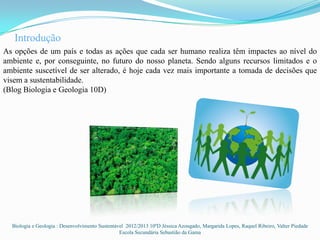 Introdução
As opções de um país e todas as ações que cada ser humano realiza têm impactes ao nível do
ambiente e, por conseguinte, no futuro do nosso planeta. Sendo alguns recursos limitados e o
ambiente suscetível de ser alterado, é hoje cada vez mais importante a tomada de decisões que
visem a sustentabilidade.
(Blog Biologia e Geologia 10D)




  Biologia e Geologia : Desenvolvimento Sustentável 2012/2013 10ºD Jéssica Azougado, Margarida Lopes, Raquel Ribeiro, Valter Piedade
                                                 Escola Secundária Sebastião da Gama
 