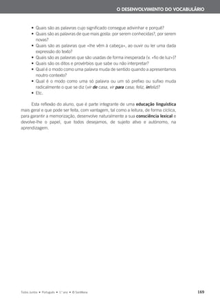 • Quais são as palavras cujo significado consegue adivinhar e porquê?
• Quais são as palavras de que mais gosta: por serem conhecidas?, por serem
novas?
• Quais são as palavras que «lhe vêm à cabeça», ao ouvir ou ler uma dada
expressão do texto?
• Quais são as palavras que são usadas de forma inesperada (v. «fio de luz»)?
• Quais são os ditos e provérbios que sabe ou não interpretar?
• Qual é o modo como uma palavra muda de sentido quando a apresentamos
noutro contexto?
• Qual é o modo como uma só palavra ou um só prefixo ou sufixo muda
radicalmente o que se diz (vir de casa, vir para casa; feliz, infeliz)?
• Etc.
Esta reflexão do aluno, que é parte integrante de uma educação linguística
mais geral e que pode ser feita, com vantagem, tal como a leitura, de forma cíclica,
para garantir a memorização, desenvolve naturalmente a sua consciência lexical e
devolve-lhe o papel, que todos desejamos, de sujeito ativo e autónomo, na
aprendizagem.
O DESENVOLVIMENTO DO VOCABULÁRIO
Todos Juntos • Português • 1.o
ano • © Santillana 169
000625 151-167 C6.indd 169 08/03/16 14:16
 