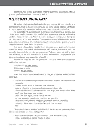 No entanto, não basta a quantidade, importa igualmente a qualidade, isto é, o
grau de aprofundamento do nosso saber lexical.
O QUE É SABER UMA PALAVRA?
Há muitos níveis de conhecimento de uma palavra. O mais simples é o
conhecimento, mais ou menos consciente, da sua forma sonora e do seu significado
e, para quem sabe ler e escrever na língua em causa, da sua forma gráfica.
Por outro lado, há que conhecer, mesmo que intuitivamente, a classe a que
pertence e a sua forma e estrutura morfológicas, para que possa ser flexionada e
usada na frase corretamente. Assim, é preciso saber, por exemplo, que bem pode
ser um advérbio, e por isso invariável (cantar bem), ou um substantivo (o bem) e
que a palavra infelicidade é formada por uma palavra base, feliz, a que se juntaram,
progressivamente, um sufixo e um prefixo.
Para o uso adequado na frase também temos de saber quais as formas que
podem ou devem assumir os complementos das palavras, quando os têm. Por
exemplo, falar pode ter ou não complemento. Podemos dizer ele está a falar,
simplesmente, ou ele está a falar à/com a Joana. Quando tem complemento, este
deve ser introduzido pela preposição a/com/de .
Mas nem só os verbos têm complementos. Também os nomes e os adjetivos
os têm. Por exemplo:
A infelicidade de estar doente.
Triste com o que viu.
A mania das grandezas.
Saber uma palavra é também estabelecer relações entre ela e outras palavras:
saber que:
• casa se relaciona morfologicamente com casota, casario, casamento, casar,
casadoiro;
• bem se opõe a mal e se relaciona com benfeitor;
• João se relaciona fonologicamente com pão, irmão ou são;
• melancia se relaciona semanticamente com maçã, com laranja e com fruta,
garfo com faca, copo com bebida;
areia com mar, algas, ondas, dunas, rochas…
tio com sobrinho, marido com mulher e pai com filho;
enfermeiro com padeiro, advogado, professor, médico, jardineiro;
velho com idoso, carro com automóvel, feliz com contente;
etc.
E é também saber as expressões habituais, idiomáticas, em que essa palavra
ocorre e os sentidos que nelas pode ganhar:
• casa: quem casa quer casa; sinto-me em casa, a casa do botão;
• velho: velhos são os trapos, é velho e relho;
O DESENVOLVIMENTO DO VOCABULÁRIO
Todos Juntos • Português • 1.o
ano • © Santillana 155
000625 151-167 C6.indd 155 08/03/16 14:16
 
