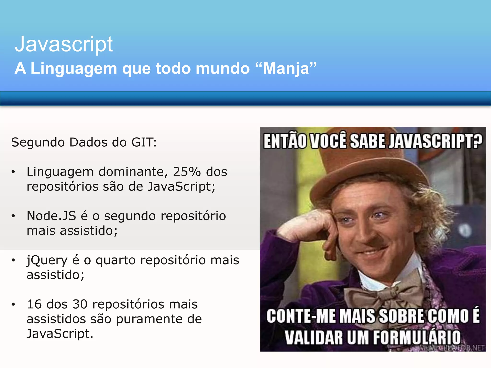 Javascript
A Linguagem que todo mundo “Manja”

Segundo Dados do GIT:
• Linguagem dominante, 25% dos
repositórios são de JavaScript;
• Node.JS é o segundo repositório
mais assistido;
• jQuery é o quarto repositório mais
assistido;
• 16 dos 30 repositórios mais
assistidos são puramente de
JavaScript.

 