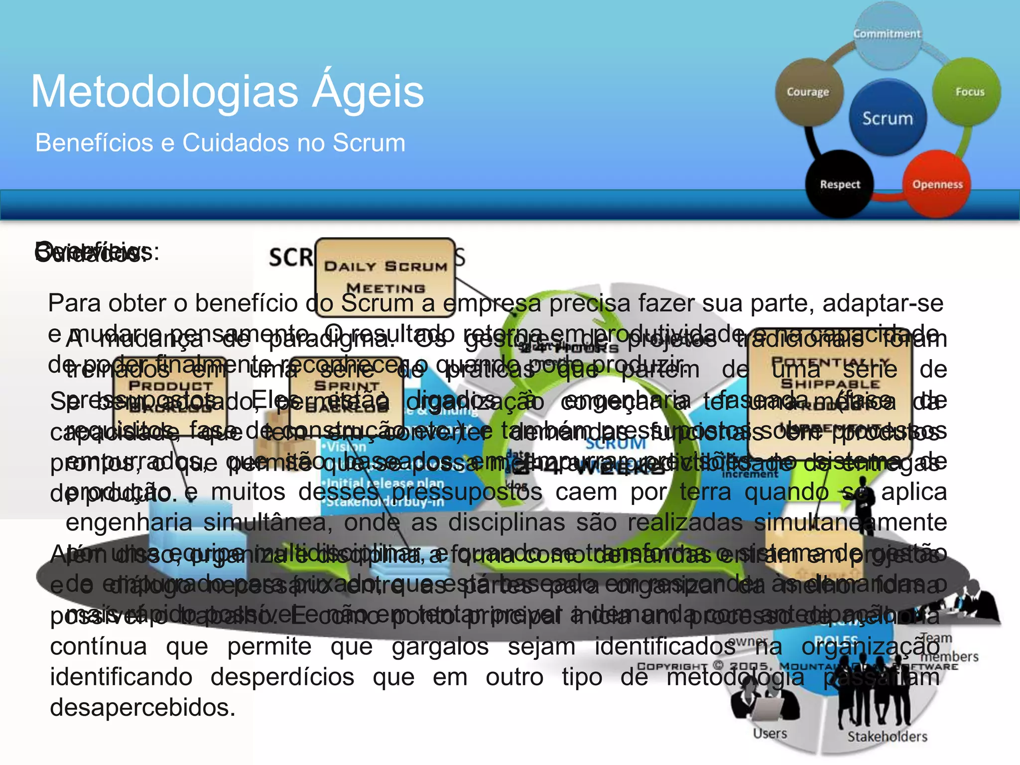 Metodologias Ágeis
Benefícios e Cuidados no Scrum

Overview:
Benefícios:
Cuidados:
Para obter o benefício do Scrum a empresa precisa fazer sua parte, adaptar-se
e A mudança de paradigma. Os retorna emde projetos tradicionais foram
mudar o pensamento. O resultado gestores produtividade e na capacidade
de poder finalmente reconhecer o quando pode produzir. de uma série de
treinados em uma série de práticas que partem
pressupostos. Eles estão ligados à engenharia faseada (fase de
Se bem adotado, permite à organização começar a ter uma métrica da
requisitos, que tem em converter demandas funcionais em produtos
capacidade fase de construção etc.) e também pressupostos sobre processos
empurrados, permite baseados em empurrar previsões no sistema de
prontos, o que que sãoque se possa melhorar a predictibilidade de entregas
produção
de produto. e muitos desses pressupostos caem por terra quando se aplica
engenharia simultânea, onde as disciplinas são realizadas simultaneamente
por disso, organiza e disciplina e quando se demandas entram em projetos
Além uma equipe multidisciplinar, a forma comotransforma o sistema de gestão
e de empurrado para puxado, que está baseado em responder às demandas o
o diálogo necessário entre as partes para organizar da melhor forma
mais rápido possível não ponto principal inicia um processo de melhoria
possível o trabalho. Eecomoem tentar prever a demanda com antecipação.
contínua que permite que gargalos sejam identificados na organização
identificando desperdícios que em outro tipo de metodologia passariam
desapercebidos.

 