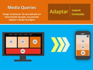 Link1 | Link2 | Link3 | Link4 | Link5
01 02 03
04
01
02
03
Media Queries
Design condicional. Só será aplicado em
determinada situação. Isso permite
adaptar o design da página
Adaptar Layout
Conteúdo
 