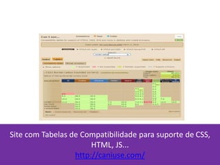 Site com Tabelas de Compatibilidade para suporte de CSS,
HTML, JS...
http://caniuse.com/
 