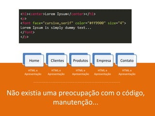 Home Clientes Produtos Empresa Contato
HTML e
Apresentação
HTML e
Apresentação
HTML e
Apresentação
HTML e
Apresentação
HTML e
Apresentação
Não existia uma preocupação com o código,
manutenção...
 