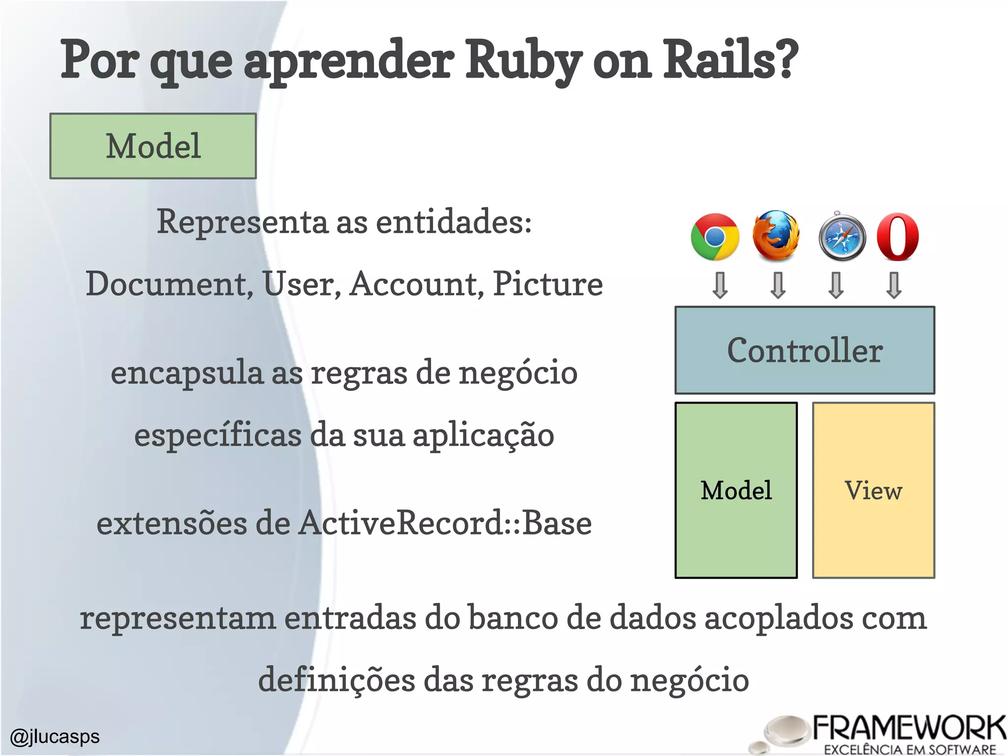 Por que aprender Ruby on Rails? @jlucasps Model View Controller Model Representa as entidades: Document, User, Account, Picture encapsula as regras de negócio específicas da sua aplicação extensões de ActiveRecord::Base representam entradas do banco de dados acoplados com definições das regras do negócio 