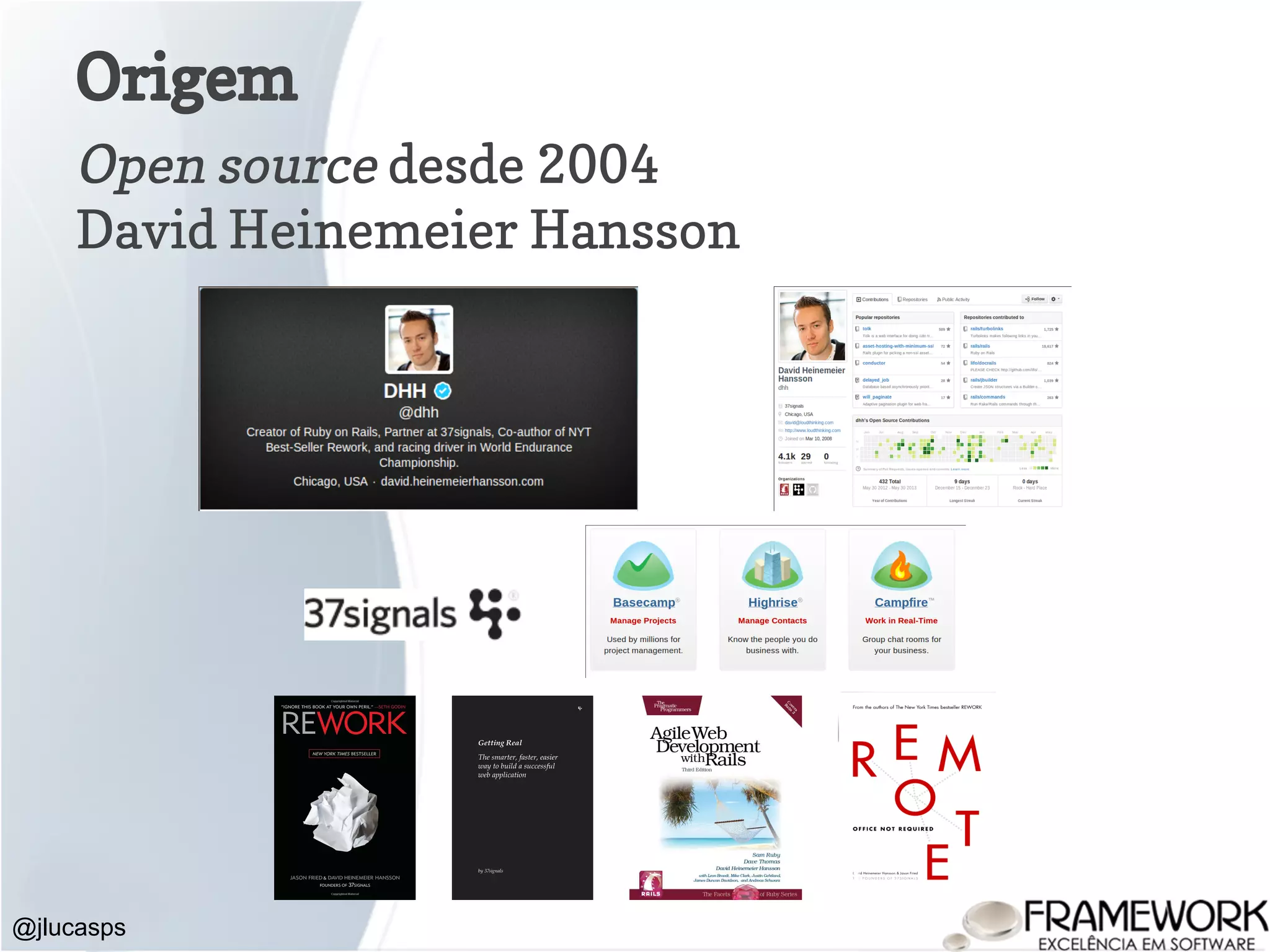 Origem @jlucasps Open source desde 2004 David Heinemeier Hansson 