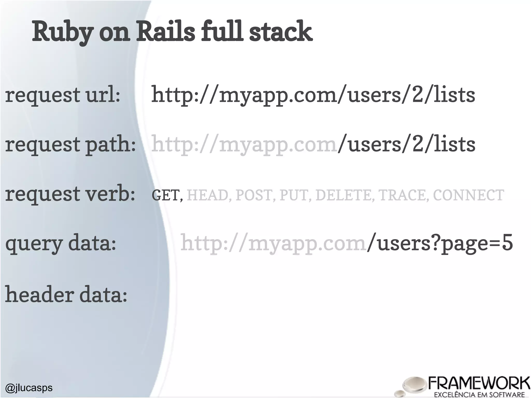 Ruby on Rails full stack @jlucasps http://myapp.com/users/2/lists request path: http://myapp.com/users/2/lists request url: request verb: GET, HEAD, POST, PUT, DELETE, TRACE, CONNECT query data: http://myapp.com/users?page=5 header data: 