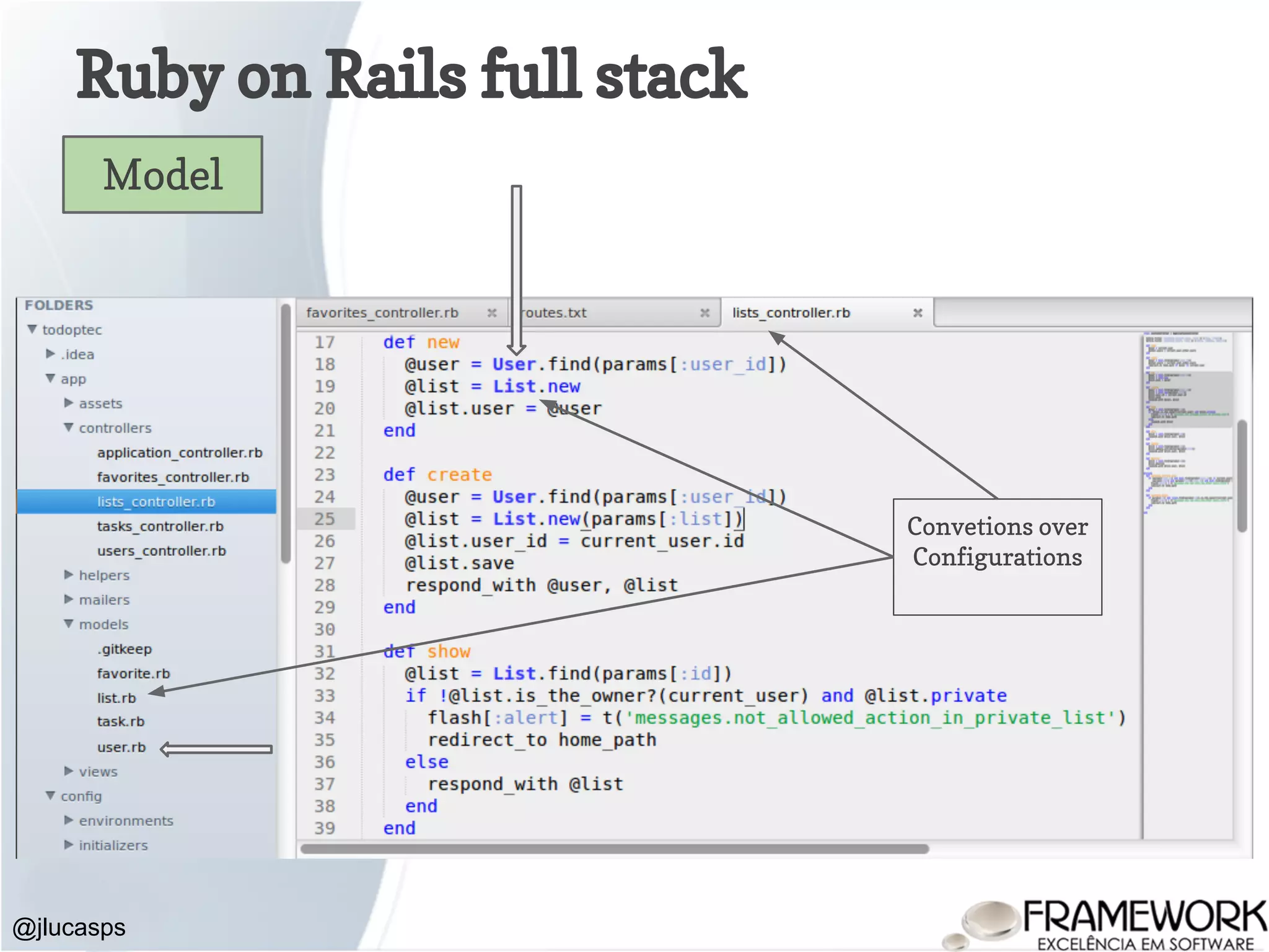 Ruby on Rails full stack @jlucasps Model Convetions over Configurations 