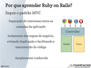 Por que aprender Ruby on Rails?
Segue o padrão MVC
@jlucasps
Model View
Controller
Separação de interesses entre as
camadas da aplicação
Isolamento das regras de negócio,
evitando duplicação e facilitando a
manutenção do código
Amplamente conhecido
 