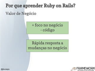 Por que aprender Ruby on Rails?
Valor de Negócio
@jlucasps
+ foco no negócio
- código
Rápida resposta a
mudanças no negócio
 