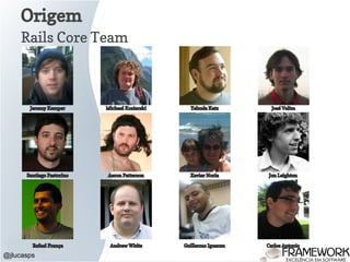 Origem
@jlucasps
Rails Core Team
Jeremy Kemper Michael Koziarski Yehuda Katz José Valim
Santiago Pastorino Aaron Patterson Xavier Noria Jon Leighton
Rafael França Andrew White Guillermo Iguaran Carlos Antonio
 
