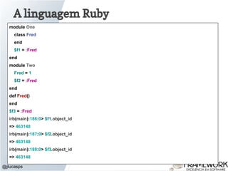 @jlucasps
A linguagem Ruby
module One
class Fred
end
$f1 = :Fred
end
module Two
Fred = 1
$f2 = :Fred
end
def Fred()
end
$f3 = :Fred
irb(main):186:0> $f1.object_id
=> 463148
irb(main):187:0> $f2.object_id
=> 463148
irb(main):188:0> $f3.object_id
=> 463148
 