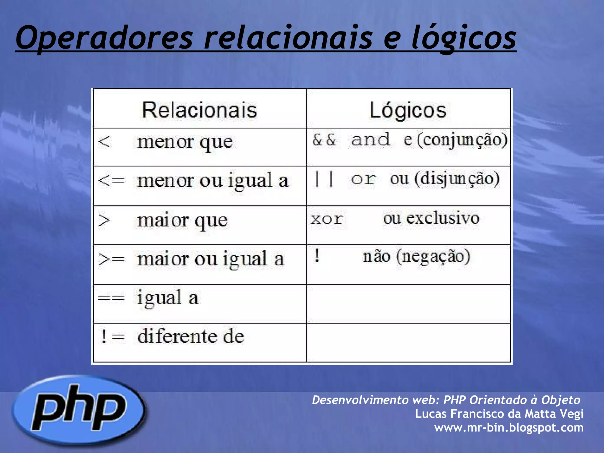 Operadores relacionais e lógicos Desenvolvimento web: PHP Orientado à Objeto  Lucas Francisco da Matta Vegi www.mr-bin.blogspot.com 
