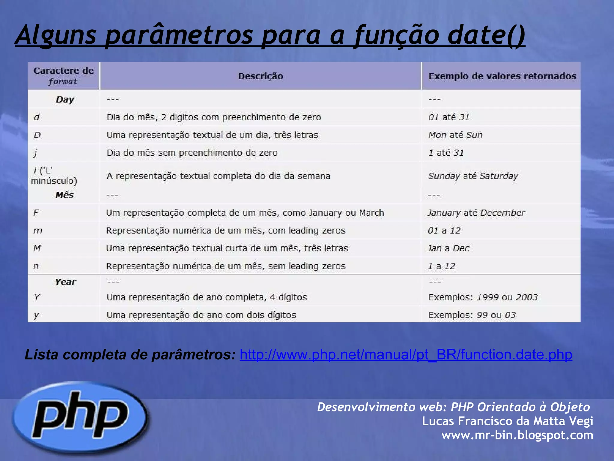 Alguns parâmetros para a função date() Lista completa de parâmetros:   http://www.php.net/manual/pt_BR/function.date.php Desenvolvimento web: PHP Orientado à Objeto  Lucas Francisco da Matta Vegi www.mr-bin.blogspot.com 