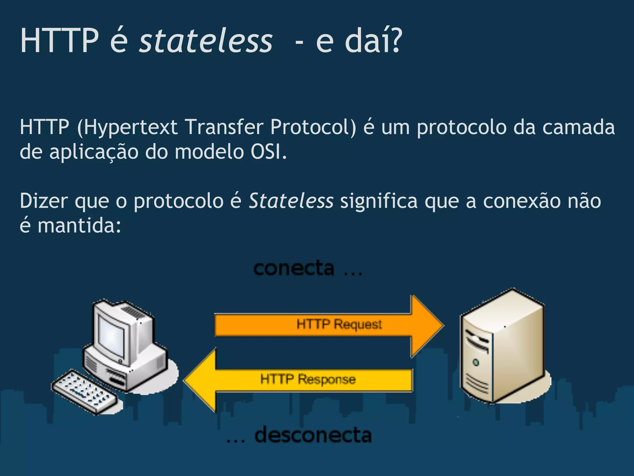 HTTP é stateless  - e daí?

HTTP (Hypertext Transfer Protocol) é um protocolo da camada
de aplicação do modelo OSI.

Dizer que o protocolo é Stateless significa que a conexão não
é mantida:
 
