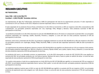 DESENVOLVIMIENTO DEL COMERCIO EXTERIOR AGROEXPORTADOR EN EL PERU 2013
NO TRADICIONAL
Valor FOB = US$ 3,154,708,779
Cantidad = 1,963,734,489 Toneladas métricas
Las exportaciones de Agro No Tradicionales representan el 80% de participación del total de las exportaciones peruanas. El valor exportado se
incrementó en 10 % con relación al año 2012. Respecto al volumen exportado, hubo un incremento del 3 %.
El valor exportado de los productos frescos (frutas y hortalizas) en el año 2013 se incrementó un 20% con respecto al año 2012, alcanzando los US$
1,534,816,657. Los principales productos exportados son: Uva, Esparrago, Palta, Mangos y Bananos. Estos productos acumulan el 86% de
participación en esta línea.
Las productos procesados en el año 2013 alcanzaron la suma de US$ 608,849,683 esto es 2% menos en comparación al periodo 2012. Los principales
productos exportados son: Espárrago, Leche, Alcachofa, Pimiento y Jalapeño. La suma del valor de estos productos representa el 67% de
participación en esta línea.
Asimismo, entre enero y diciembre del año 2013, los productos congelados totalizaron la suma de US$ 146,640,510 un 8% más respecto al año 2012.
Los principales productos son: Espárragos, Mango, Fresa, Alcachofa, Palta. La suma del valor exportado representó el 88% de valor acumulado en
esta línea.
Las exportaciones de productos del género capsicum sumaron US$ 229,916,636 lo que significó una disminución en 11% con respecto al año anterior.
Sus principales productos exportados son: Morrón y Piquillo en conserva, Páprika molido, seco y polvo, Cayena, Panca y Habanero. La suma del valor
de estos productos representa el 81% de participación en esta línea.
Los productos del cacao y sus derivados cerraron sus exportaciones en el año 2013 alcanzando un monto de US$ 135,019,178 lo que significó un
aumento del 24%. Sus principales productos son: los Cacao en granos, Manteca de cacao y Cacao en polvo sin adición de azúcar. La suma del valor
exportado de estos productos representó el 93% de participación en esta línea.
En cuando a otros granos, el valor de sus exportaciones en el año 2013 fue de US$ 137,546,308 esto significó un incremento del 27% con respecto al
año 2012. Los principales productos exportados fueron: quinua, frijol y pallar. La suma del valor de estos principales productos representa el 96% de
participación en esta línea.
Los productos orgánicos tuvieron para el 2013 un valor de US$ 263,500,683 que significó un aumento del 5% con respecto al 2012. Los principales
productos de exportación para esta categoría son: Café, Banano y Cacao. La suma del valor de estos productos representa el 77% de la participación
en línea.
5
 