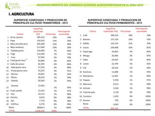 DESENVOLVIMIENTO DEL COMERCIO EXTERIOR AGROEXPORTADOR EN EL PERU 2013
7
Cultivo
Superficie
cosechada
(ha) Porcentaje
Participación
acumulada
1 Arroz cáscara 395,414 19% 19%
2 Papa 316,933 15% 34%
3 Maíz amarillo duro 293,300 14% 48%
4 Maíz amiláceo 217,469 10% 58%
5 Cebada grano 154,083 7% 66%
6 Trigo 153,569 7% 73%
7 Yuca 97,942 5% 78%
8 Frijol grano seco
1/
83,084 4% 82%
9 Caña de azúcar 82,205 4% 86%
10 Haba grano seco 57,542 3% 88%
11 Arveja grano seco 53,255 3% 91%
12 Quinua 44,831 2% 93%
13 Olluco 28,224 1% 94%
14 Cebolla 20,363 1% 95%
15
Camote 15,933
1% 96%
16 Frijol castilla 15,555 1% 97%
17 Oca 14,715 1% 98%
18 Chocho 9,625 0% 98%
19 Ajo 7,719 0% 98%
20 Cañihua 6,276 0% 99%
Resto 28594.3 1% 100%
TOTAL 2,096,630 100%
SUPERFICIE COSECHADA Y PRODUCCION DE
PRINCIPALES CULTIVOS TRANSITORIOS - 2013
SUPERFICIE COSECHADA Y PRODUCCION DE
PRINCIPALES CULTIVOS PERMANENTES - 2013
Cultivo
Superficie
cosechada (ha) Porcentaje
Participación
acumulada
1 Café 390,523 39% 39%
2 Banano 157,120 16% 55%
3 Alfalfa 153,753 15% 70%
4 Cacao 104,400 10% 81%
5 Espárrago 33,063 3% 84%
6 Mango 26,983 3% 87%
7 Palta 23,642 2% 89%
8 Limón 22,749 2% 92%
9 Vid 20,536 2% 94%
10 Aceituna 13,288 1% 95%
11 Mandarina 11,691 1% 96%
12 Papayo 9,700 1% 97%
13 Manzana 9,515 1% 98%
14 Achiote 9,164 1% 99%
15 Frijol de palo 3,120 0% 99%
16 Cocotero 2,432 0% 100%
17 Pecano 749 0% 100%
Resto 3,042 0% 100%
TOTAL 995,470
 