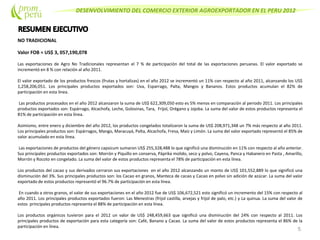 DESENVOLVIMIENTO DEL COMERCIO EXTERIOR AGROEXPORTADOR EN EL PERU 2012
NO TRADICIONAL
Valor FOB = US$ 3, 057,190,078
Las exportaciones de Agro No Tradicionales representan el 7 % de participación del total de las exportaciones peruanas. El valor exportado se
incrementó en 8 % con relación al año 2011.
El valor exportado de los productos frescos (frutas y hortalizas) en el año 2012 se incrementó un 11% con respecto al año 2011, alcanzando los US$
1,258,206,051. Los principales productos exportados son: Uva, Esparrago, Palta, Mangos y Bananos. Estos productos acumulan el 82% de
participación en esta línea.
Las productos procesados en el año 2012 alcanzaron la suma de US$ 622,309,050 esto es 5% menos en comparación al periodo 2011. Los principales
productos exportados son: Espárrago, Alcachofa, Leche, Golosinas, Tara, Frijol, Orégano y Jojoba. La suma del valor de estos productos representa el
81% de participación en esta línea.
Asimismo, entre enero y diciembre del año 2012, los productos congelados totalizaron la suma de US$ 208,971,348 un 7% más respecto al año 2011.
Los principales productos son: Espárragos, Mango, Maracuyá, Palta, Alcachofa, Fresa, Maíz y Limón. La suma del valor exportado representó el 85% de
valor acumulado en esta línea.
Las exportaciones de productos del género capsicum sumaron US$ 255,328,488 lo que significó una disminución en 11% con respecto al año anterior.
Sus principales productos exportados son: Morrón y Piquillo en conserva, Páprika molido, seco y polvo, Cayena, Panca y Habanero en Pasta , Amarillo,
Morrón y Rocoto en congelado. La suma del valor de estos productos representa el 78% de participación en esta línea.
Los productos del cacao y sus derivados cerraron sus exportaciones en el año 2012 alcanzando un monto de US$ 101,552,889 lo que significó una
disminución del 3%. Sus principales productos son: los Cacao en granos, Manteca de cacao y Cacao en polvo sin adición de azúcar. La suma del valor
exportado de estos productos representó el 96.7% de participación en esta línea.
En cuando a otros granos, el valor de sus exportaciones en el año 2012 fue de US$ 106,672,521 esto significó un incremento del 15% con respecto al
año 2011. Los principales productos exportados fueron: Las Menestras (frijol castilla, arvejas y frijol de palo, etc.) y La quinua. La suma del valor de
estos principales productos representa el 88% de participación en esta línea.
Los productos orgánicos tuvieron para el 2012 un valor de US$ 248,459,663 que significó una disminución del 24% con respecto al 2011. Los
principales productos de exportación para esta categoría son: Café, Banano y Cacao. La suma del valor de estos productos representa el 86% de la
participación en línea.
5
 