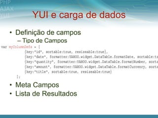 YUI e carga de dados
• Definição de campos
  – Tipo de Campos




• Meta Campos
• Lista de Resultados
 