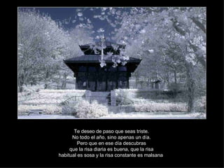 Te deseo de paso que seas triste. No todo el año, sino apenas un día. Pero que en ese día descubras que la risa diaria es buena, que la risa habitual es sosa y la risa constante es malsana . 