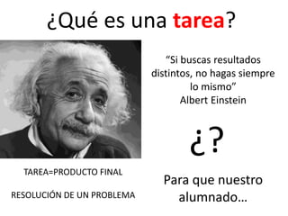 ¿Qué es una tarea?
¿?
TAREA=PRODUCTO FINAL
RESOLUCIÓN DE UN PROBLEMA
Para que nuestro
alumnado…
“Si buscas resultados
distintos, no hagas siempre
lo mismo”
Albert Einstein
 